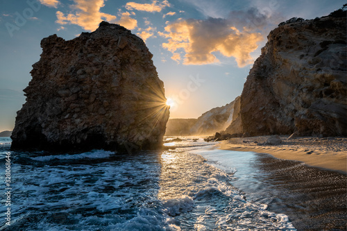 Fyriplaka beach on sunset, Milos island, Cyclades, Greece photo