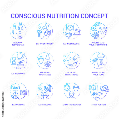 Conscious nutrition concept icons set. Mindful eating, careful and attentive food consumption idea thin line RGB color illustrations. Vector isolated outline drawings