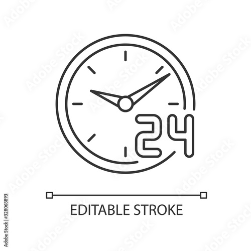 Around the clock service pixel perfect linear icon. 24 7 hour support. Circle watch dial badge. Thin line customizable illustration. Contour symbol. Vector isolated outline drawing. Editable stroke
