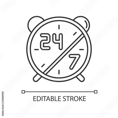 24 7 hours service pixel perfect linear icon. Alarm clock for highly available center. Thin line customizable illustration. Contour symbol. Vector isolated outline drawing. Editable stroke