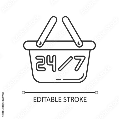 24 7 hours store pixel perfect linear icon. Twenty four seven store. Supermarket basket sign. Thin line customizable illustration. Contour symbol. Vector isolated outline drawing. Editable stroke