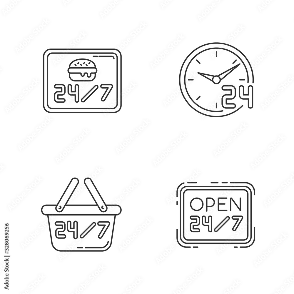 24 7 hour service pixel perfect linear icons set. Everyday open burger cafe. 24 hrs available restaurant. Customizable thin line contour symbols. Isolated vector outline illustrations. Editable stroke 24 7 hour service pixel perfect linear icons set. Everyday open burger cafe. 24 hrs available restaurant. Customizable thin line contour symbols. Isolated vector outline illustrations. Editable stroke