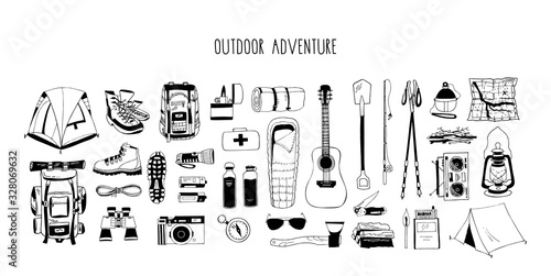 Set of monochrome vector elements isolated on white. Hiking gear for camping trips. Backpack, boots, tent, sleeping bag, compass, map, flashlight, binoculars, camera, reusable bottle, first aid kit