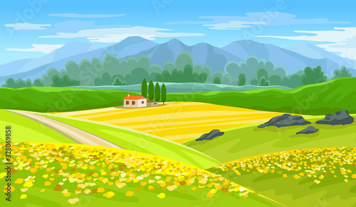 Summer beautiful landscape with farmhouse and rapeseed fields.