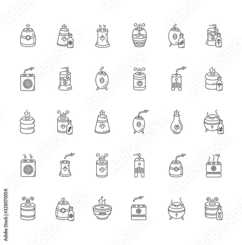 Air purifiers, diffusers RGB pixel perfect linear icons set. Fashionable humidity regulator. Customizable thin line contour symbols. Isolated vector outline illustrations. Editable stroke