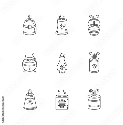 Air purifiers variety RGB pixel perfect linear icons set. Ultrasonic and steam air cleaners. Customizable thin line contour symbols. Isolated vector outline illustrations. Editable stroke