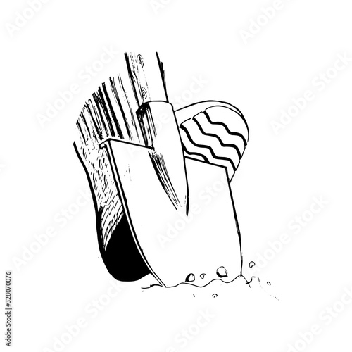 Vector hand-drawn symbol of seasonal agricultural works. A leg in a boot presses on blade of a shovel. Digging the ground, spring time to make beds. Sketch black white isolated outline doodle drawing.