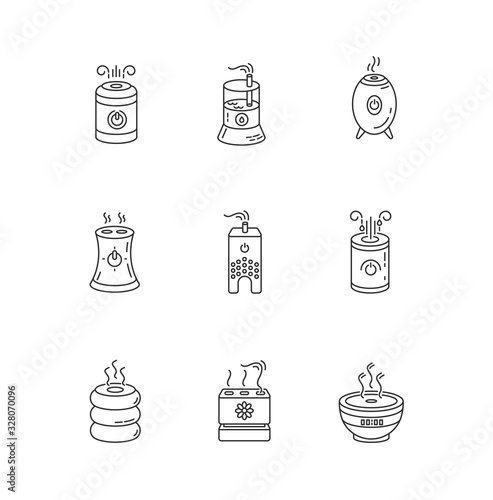 Air ionizers variety RGB pixel perfect linear icons set. Ultrasonic and steam climate control devices. Customizable thin line contour symbols. Isolated vector outline illustrations. Editable stroke