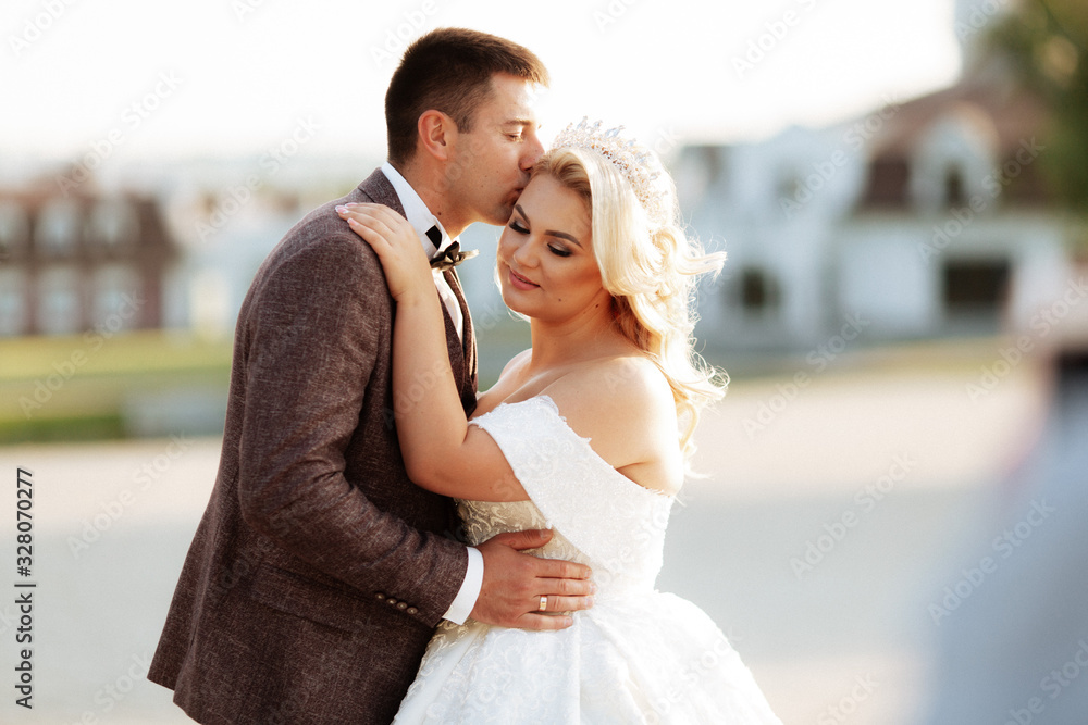 The bride and groom walk together in the park. Charming bride in a white dress, the groom is dressed in a dark elegant suit