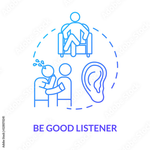 Be good listener concept icon. Friendship relationship advice. People psychological help. Best friend support idea thin line illustration. Vector isolated outline RGB color drawing photo