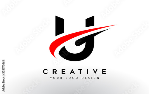 Black And Red Creative U Letter Logo Design with Swoosh Icon Vector.