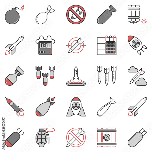 Airstrike and Missile vector concept colored icons collection. Nuclear bomb and dynamite signs