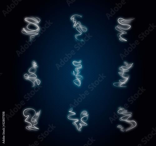 Odor neon light icons set. Smell from hookah. Aroma from cannabis. Hot mist. Incense, stench. Cigarette stream. Stink, fog. Signs with outer glowing effect. Vector isolated RGB color illustrations