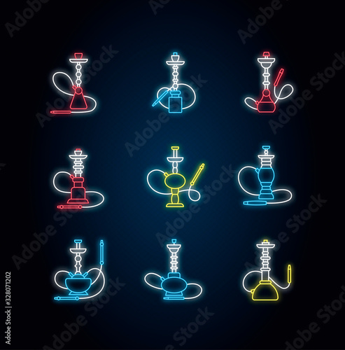 Hookah neon light icons set. Custom object. Sheesha house. Nargile lounge. Odor from pipe. Scent of vaporizing. Smoking area. Signs with outer glowing effect. Vector isolated RGB color illustrations