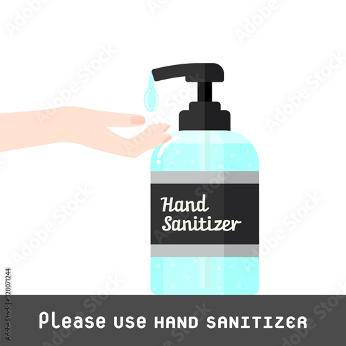 消毒・除菌・感染予防イメージ素材：手指消毒液の利用を促すハンドジェルと女性の手のサイン（欧文表記）