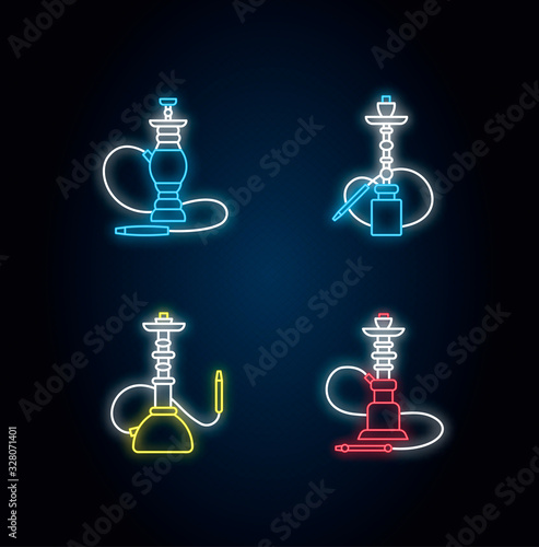 Hookah neon light icons set. Nargila option. Sheesha house. Popular souvenir. Odor from pipe. Scent of vaporizing. Smoking area. Signs with outer glowing effect. Vector isolated RGB color illustration