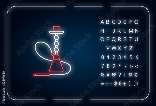 Hookah neon light icon. Sheesha house. Cultural qalyan. Nargile lounge. Smoking area. Outer glowing effect. Sign with alphabet, numbers and symbols. Vector isolated RGB color illustration