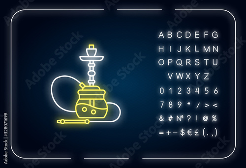 Hookah neon light icon. Sheesha house. Party object. Nargile lounge. Odor from pipe. Smoking area. Outer glowing effect. Sign with alphabet, numbers and symbols. Vector isolated RGB color illustration