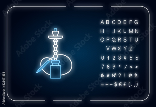 Hookah neon light icon. Sheesha house. Water pipe, bong. Nargile lounge. Smoking area. Outer glowing effect. Sign with alphabet, numbers and symbols. Vector isolated RGB color illustration