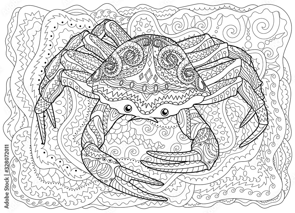 Antistress coloring page for adults with sea crab. Black white hand