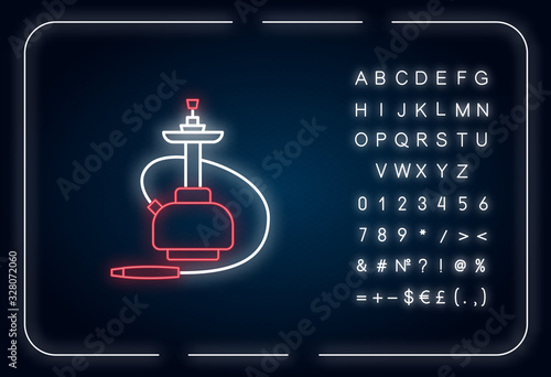 Hookah neon light icon. Sheesha house. Hooka and shisha menu. Nargile lounge. Odor from pipe. Outer glowing effect. Sign with alphabet, numbers and symbols. Vector isolated RGB color illustration