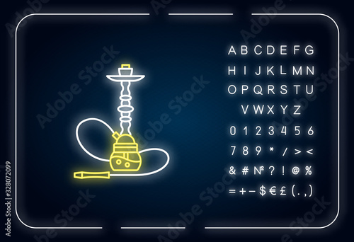 Hookah neon light icon. Sheesha house. Object to inhale nicotine. Nargile lounge. Odor from pipe. Outer glowing effect. Sign with alphabet, numbers and symbols. Vector isolated RGB color illustration
