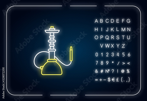 Hookah neon light icon. Sheesha house. Shisha bar for leisure. Nargile lounge. Odor from pipe. Outer glowing effect. Sign with alphabet, numbers and symbols. Vector isolated RGB color illustration