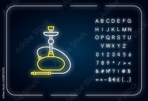 Hookah neon light icon. Sheesha house. Nicotine and cannabis. Nargile lounge. Odor from pipe. Outer glowing effect. Sign with alphabet, numbers and symbols. Vector isolated RGB color illustration