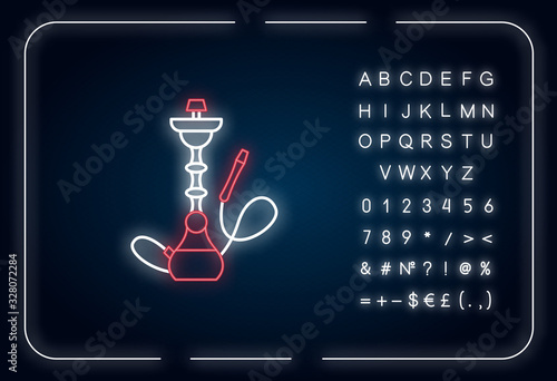 Hookah neon light icon. Sheesha house. Minimalistic object. Nargile lounge. Odor from pipe. Outer glowing effect. Sign with alphabet, numbers and symbols. Vector isolated RGB color illustration