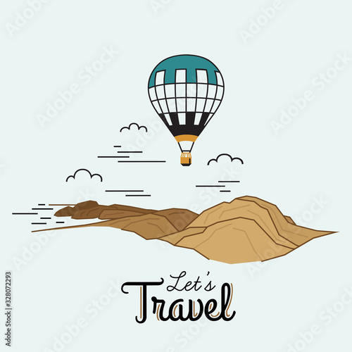 Hot air balloon in clouds on a background of mountains. Travel concept. Illustration in flat linear style. Vector.