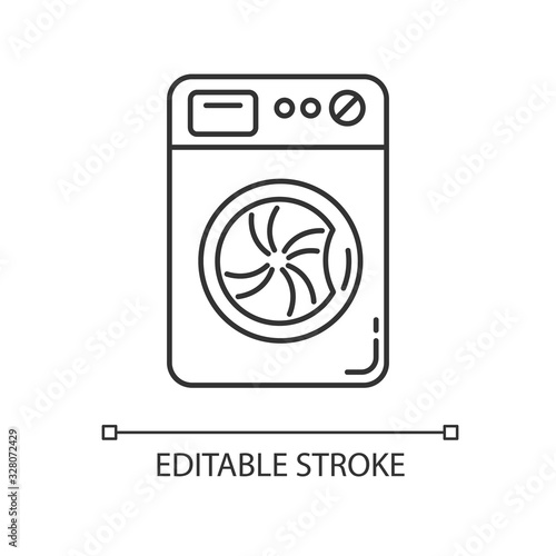 Laundry, washing machine pixel perfect linear icon. Washer, household appliance, launderette. Thin line customizable illustration. Contour symbol. Vector isolated outline drawing. Editable stroke