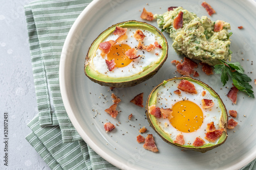 Avocado Egg Boats with bacon. Low carb high fat breakfast