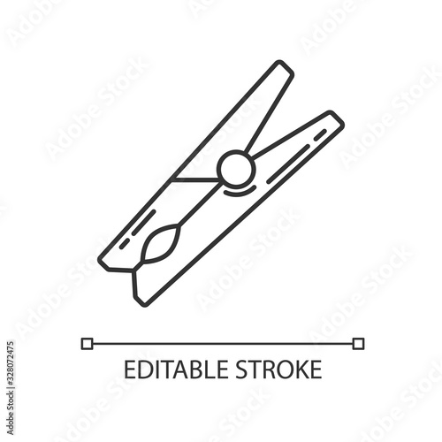 Clothes pin pixel perfect linear icon. Wooden clothespin, household clothing clamp. Thin line customizable illustration. Contour symbol. Vector isolated outline drawing. Editable stroke