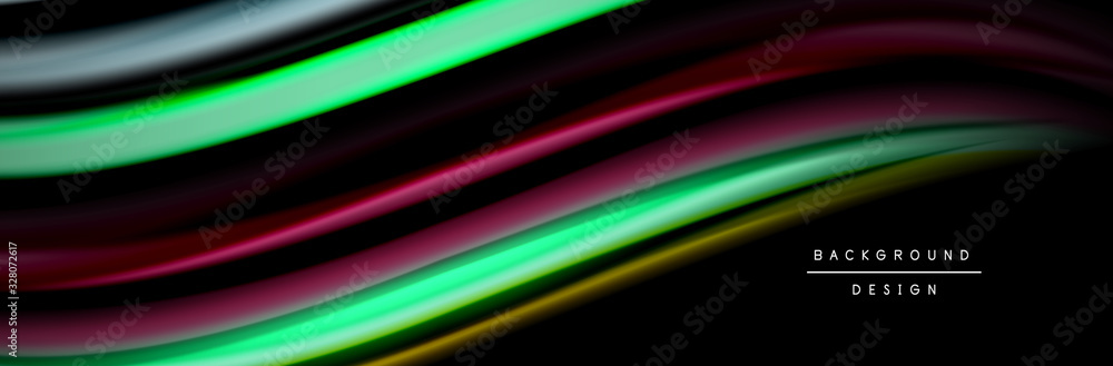 Silk and smooth flow wave poster design. Color waves, liquid style lines and shapes in black color background Silk and smooth flow wave poster design. Color waves, liquid style lines and shapes in black color background