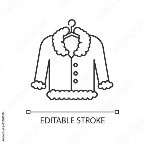 Coat on hanger pixel perfect linear icon. Outerwear washing, laundry service, fur dry cleaning. Thin line customizable illustration. Contour symbol. Vector isolated outline drawing. Editable stroke