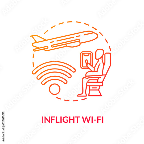 Inflight wifi red concept icon. Roamer during flight. Airplane service. Internet onboard. Wireless coverage. Roaming idea thin line illustration. Vector isolated outline RGB color drawing
