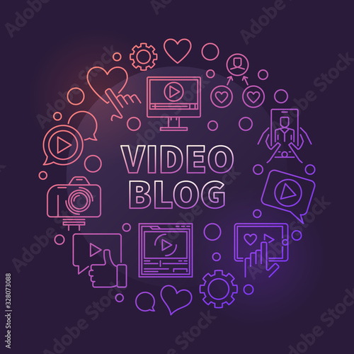 Video Blog vector circular concept colorful linear illustration on dark background