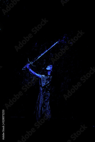 Woman with sword in beautiful dress, old photo effect.