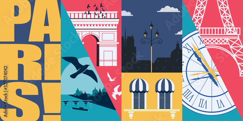 France vector skyline illustration, postcard. Travel to France, Paris modern flat graphic design