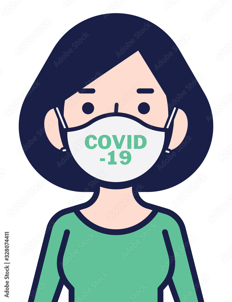 Coronavirus disease public awareness. Woman in white medical face mask to protect herself against coronavirus (Covid-19) - vector character
