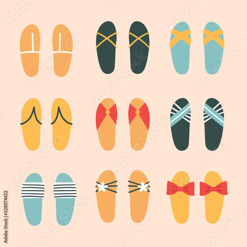 Set of fashionable beautiful women's flip flops.Summer shoes for the beach or pool.Holidays at sea and in hot countries .Flat vector illustration isolated on white background