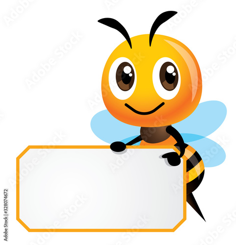 Cartoon cute happy bee is holding a white empty signboard with yellow stripe - vector character