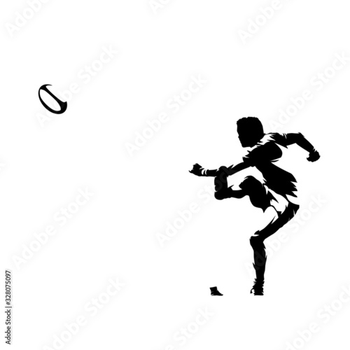 Rugby player kicking ball, isolated vector silhouette, ink drawing