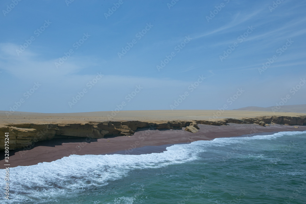 Paracas National park Peru. Desert and ocean. Coastal. Waves