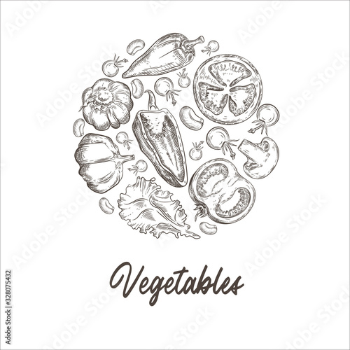 Set of vintage images of vegetables. Round emblem.