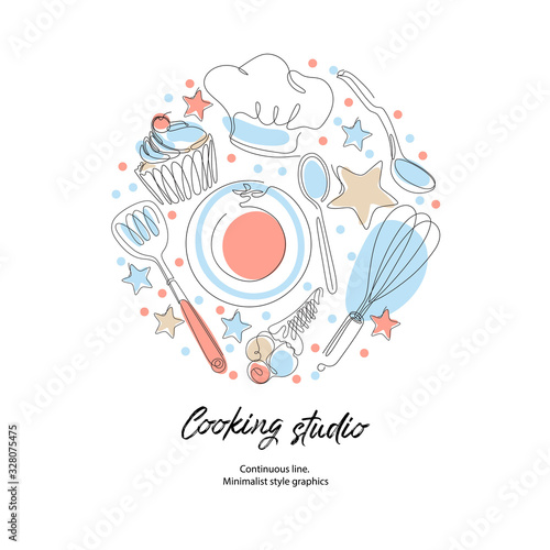 Culinary products and cooking utensils. Cupcakes, plates, spoons, cook hat.