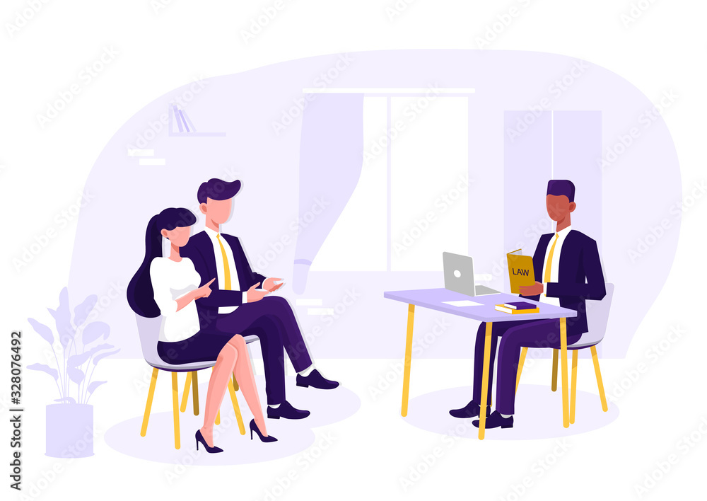 Lawyer discussing with clients, judge consultation, legal advice. Vector illustration