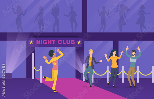 Group of young people dancing near a nightclub in a colorful vector illustration