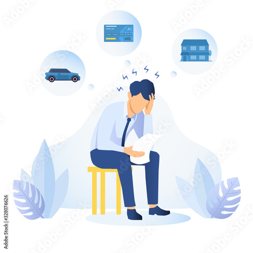 Man with financial and debt problems sitting on a stool with paperwork with his head on his hand surrounded by icons depicting his assets, colored vector illustration