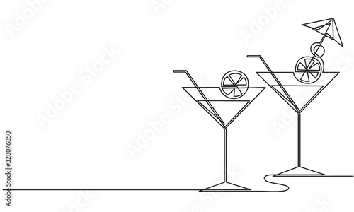 Cocktail glasses with a straw and an umbrella. Continuous line drawing. Refreshing drink with lemon